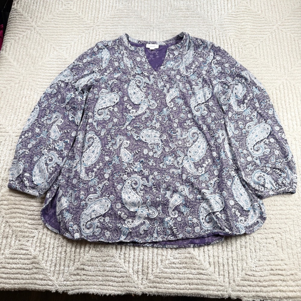 Pure Jill Paisley Tunic Womens Large Purple Boho Peasant Hippie Lagenlook Artsy